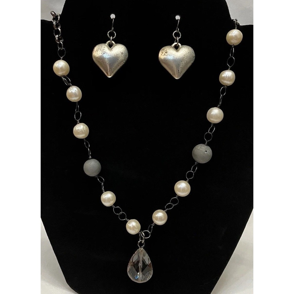 Silver Tone Puffy Heart Earrings & Crystal Teardrop Faux Pearl Necklace